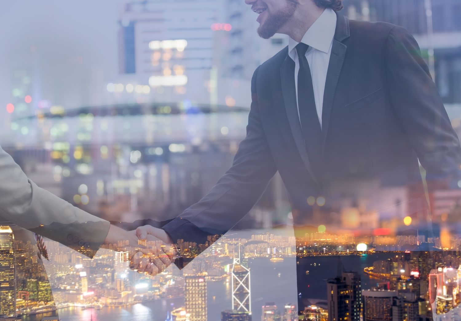 Double exposure of Businessman shaking hands as the trust commitment which Business Partners and factors relationship marketing for reach successful achievement and meeting commit concept